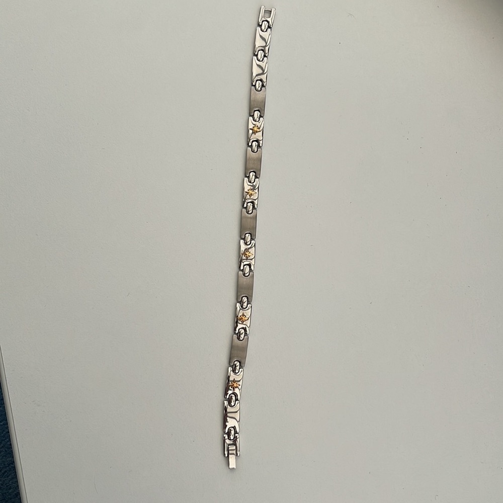 Bracelet in Stainless Steel link from Italy w gold colored stars accents 8 1/2 “